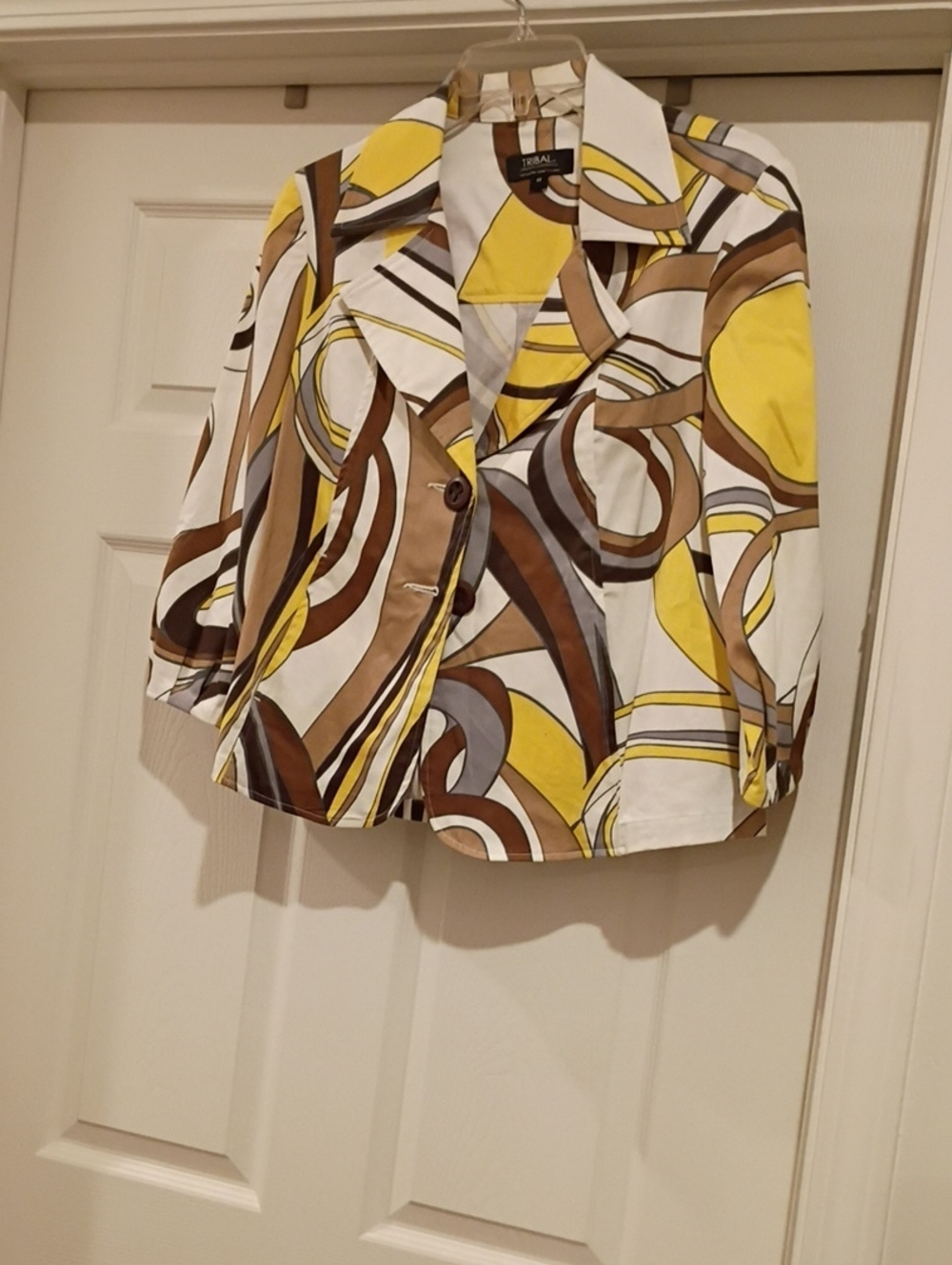 Tribal Yellow White Brown Abstract-Print Cropped Blazer